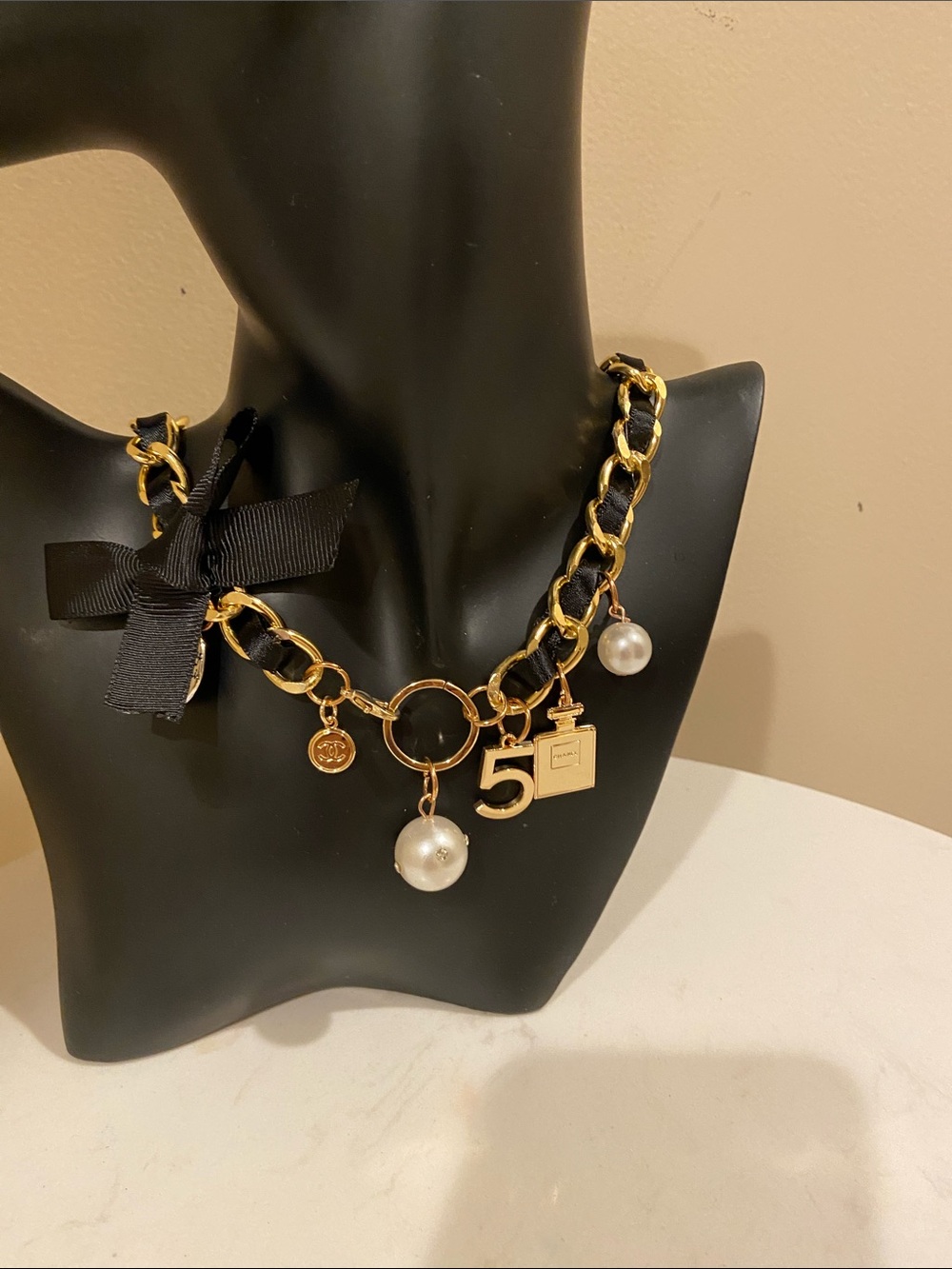 Black and Gold Charm Necklace with Pearls And Chanel Charms